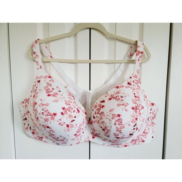 Cacique Women's 50DD Bra Boost‎ Plunge White Red Underwire Lane Bryant Smooth - Picture 1 of 10